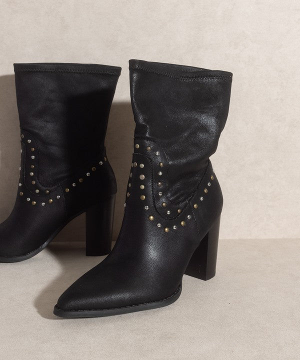 Shophouse Northwest black studded mid calf ankle boots with pointed toe slouchy shaft and block heel