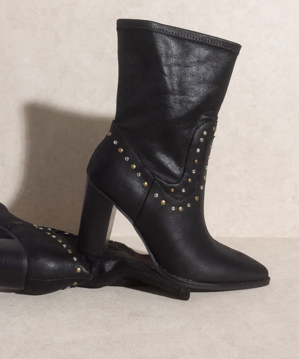 Shophouse Northwest black leather studded mid calf ankle boots with block heel and pointed toe