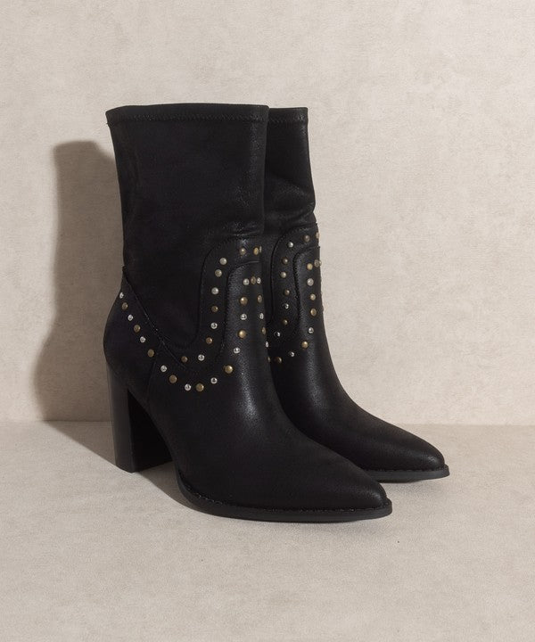 Shophouse Northwest black studded mid calf ankle boots with pointed toe suede shaft and block heel