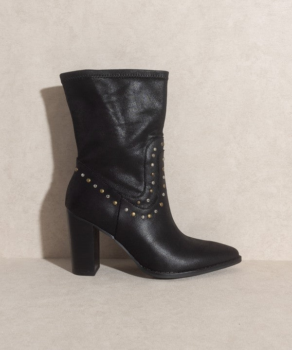 Shophouse Northwest black leather mid calf boot with western stud detailing and block heel studded mid calf ankle boots
