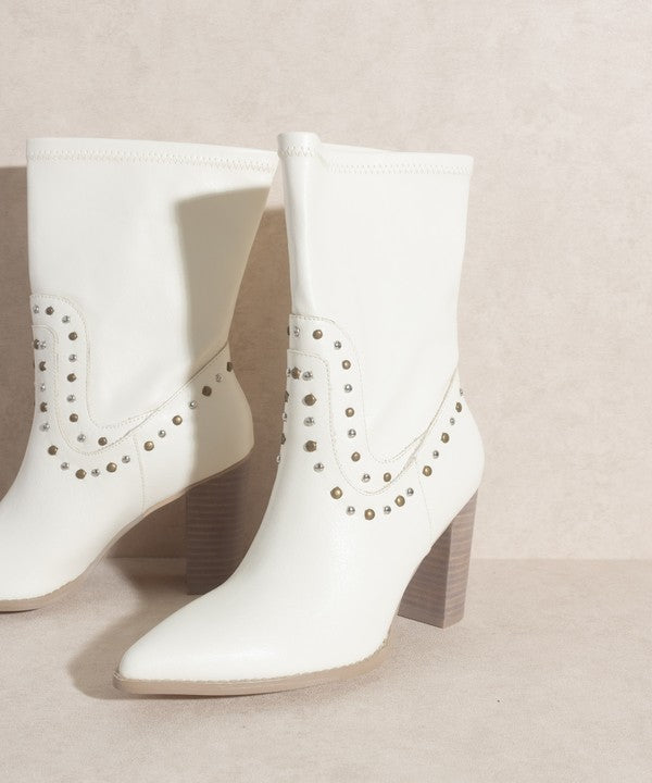Shophouse Northwest white studded mid calf ankle boots with stacked block heel and pointed toe