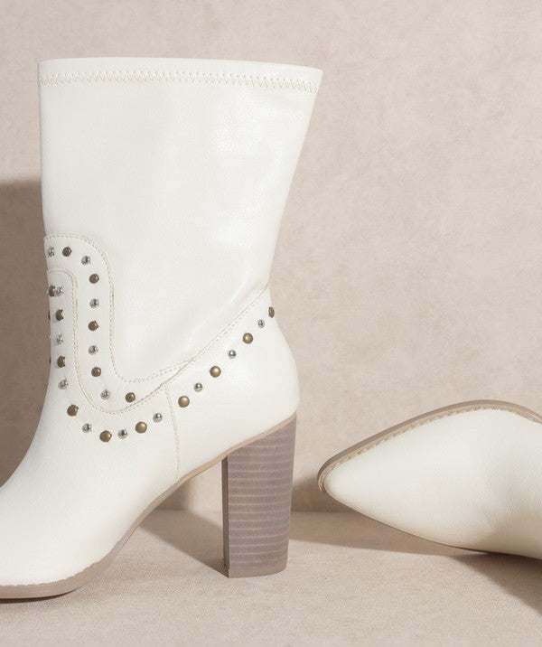 Shophouse Northwest white leather studded mid calf ankle boots with gold studs stacked block heel