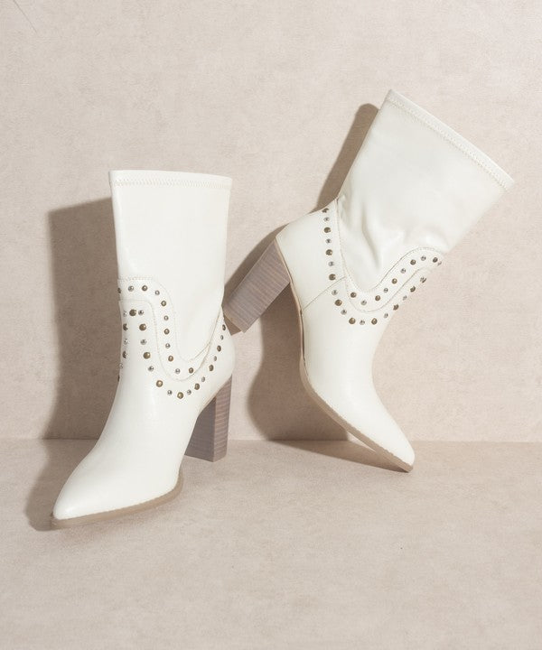 Shophouse Northwest white studded mid calf ankle boots with pointed toe and stacked block heel