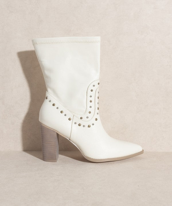 Shophouse Northwest white leather studded mid calf ankle boots with stacked block heel and pointed toe