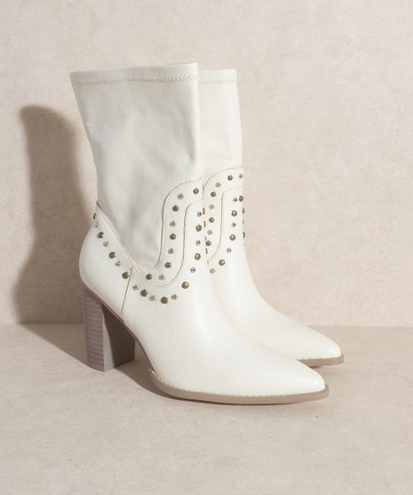 Shophouse Northwest white leather studded mid calf ankle boots with pointed toe and stacked heel