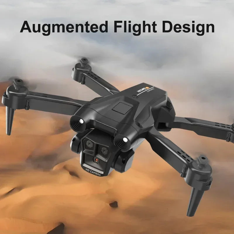 Shophouse Northwest black quadcopter with front lights and camera hovering over desert M4 8K professional camera drone