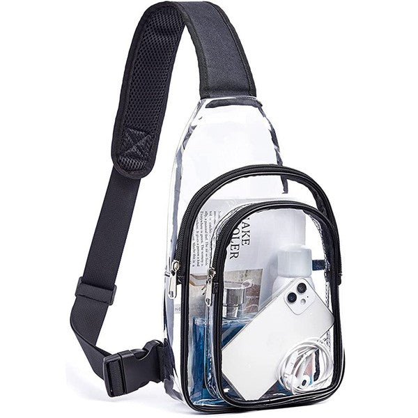 Shophouse Northwest clear stadium sling bag with black trim and front zip pocket holding phone and earbuds