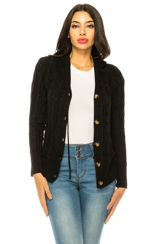 Shophouse Northwest plus size knit cardigan sweater black cable knit button front worn with white tee and jeans