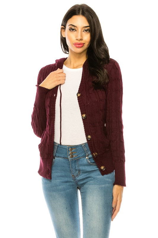 Shophouse Northwest burgundy cable plus size knit cardigan sweater with button front and pockets