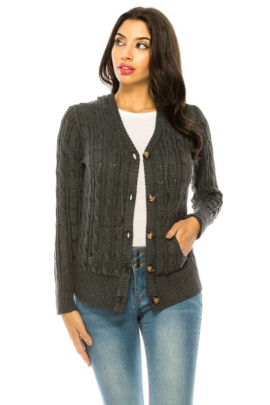 Shophouse Northwest plus size knit cardigan sweater in charcoal cable knit with front pockets and buttons