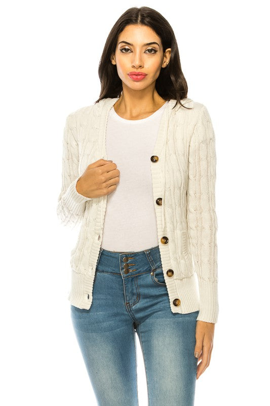 Shophouse Northwest plus size knit cardigan sweater cream cable knit button front shown on model