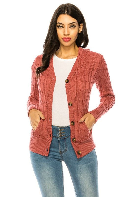 Shophouse Northwest plus size knit cardigan sweater in coral cable knit with buttons and front pockets