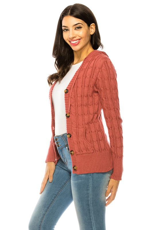 Shophouse Northwest plus size knit cardigan sweater rust cable knit button front worn over white tee and jeans