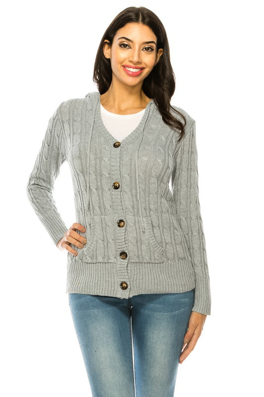 Shophouse Northwest plus size knit cardigan sweater light gray cable knit V neck button front long sleeves