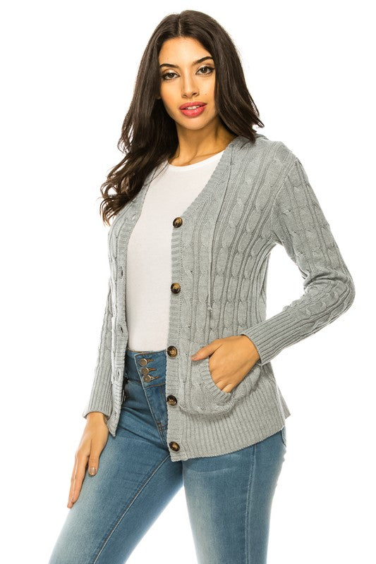 Shophouse Northwest plus size knit cardigan sweater light gray cable knit button front with pockets
