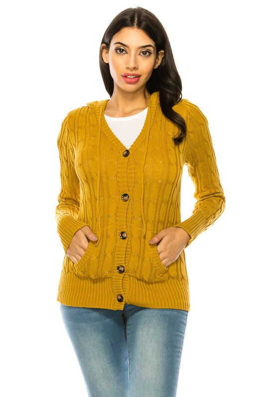 Shophouse Northwest mustard cable plus size knit cardigan sweater with front pockets and buttons