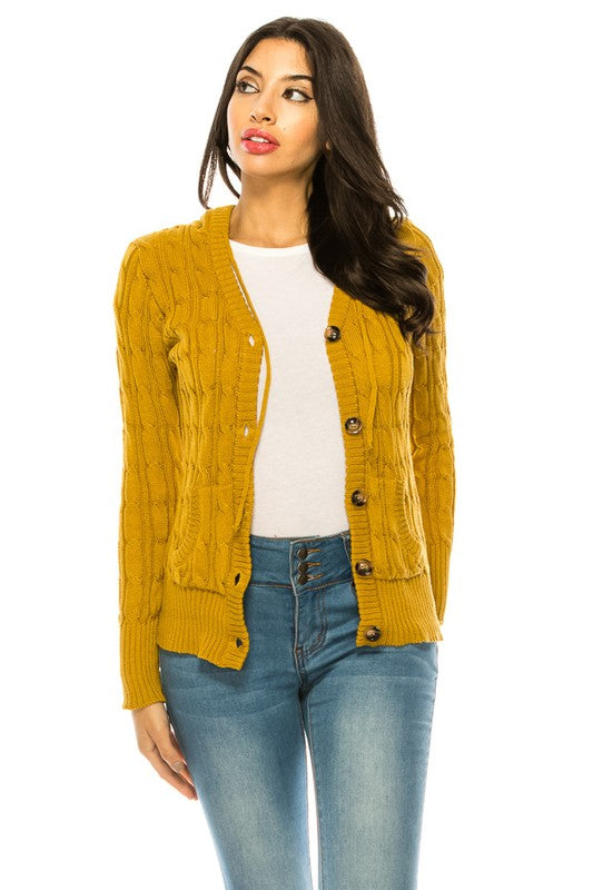 Shophouse Northwest mustard cable plus size knit cardigan sweater with buttons and ribbed cuffs