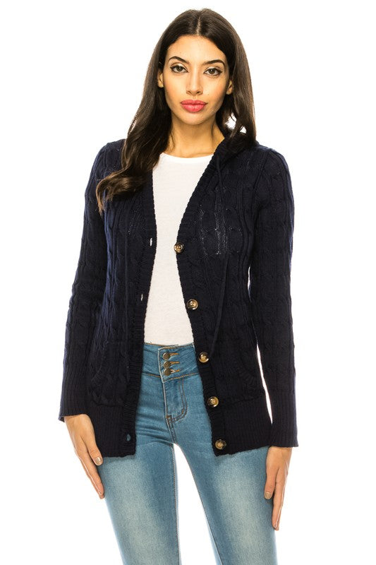 Shophouse Northwest navy cable plus size knit cardigan sweater with buttons worn over white tee and jeans