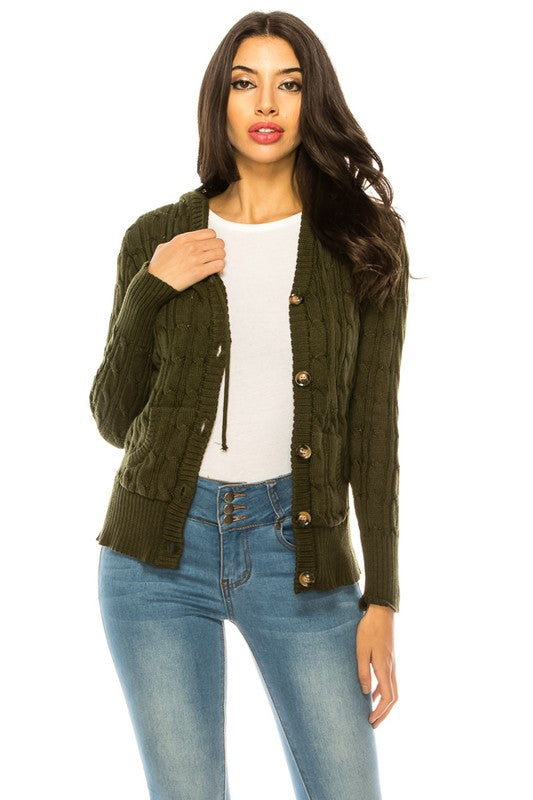 Shophouse Northwest plus size knit cardigan sweater olive cable knit button front worn with white tee and jeans