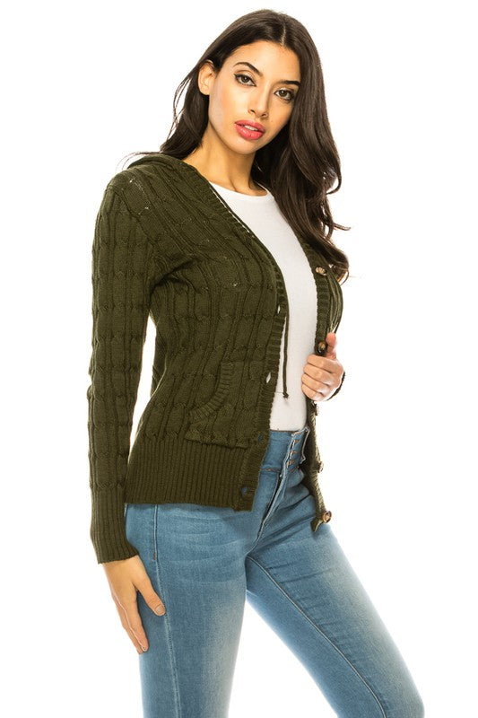 Shophouse Northwest plus size knit cardigan sweater olive cable knit button front hooded casual