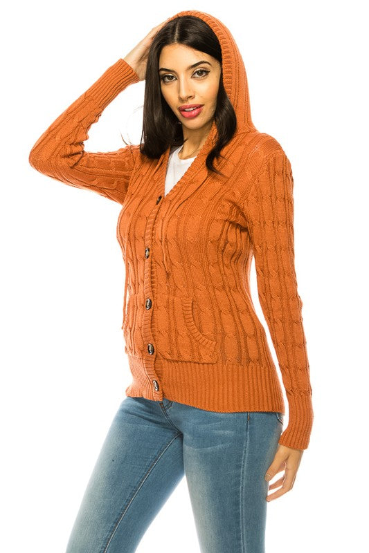 Shophouse Northwest orange hooded plus size knit cardigan sweater with cable knit pattern buttons and front pockets