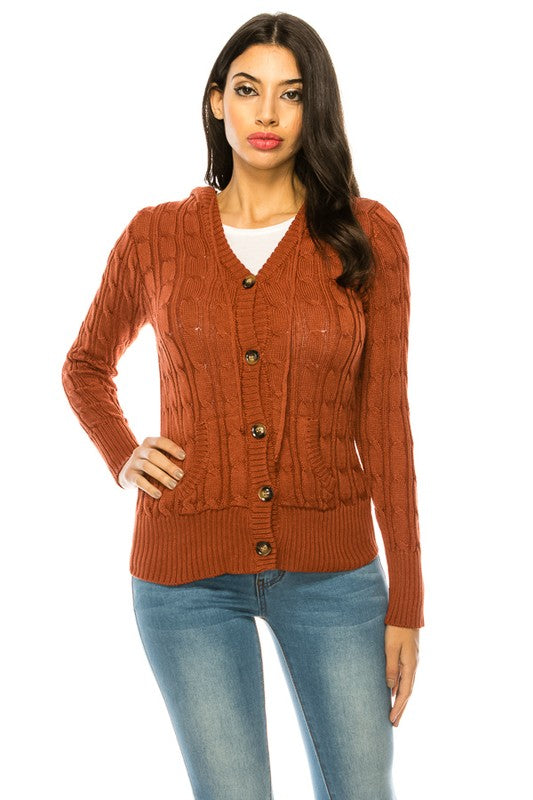 Shophouse Northwest rust cable plus size knit cardigan sweater with button front and ribbed hem