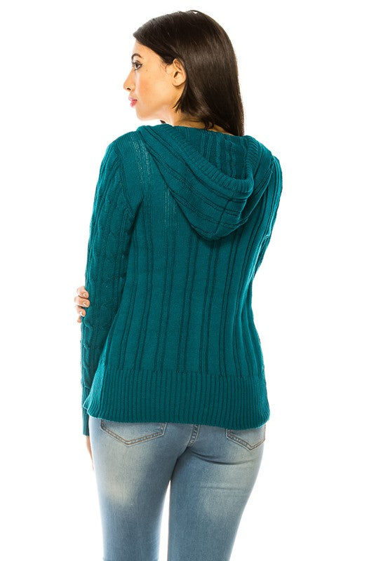 Shophouse Northwest teal hooded plus size knit cardigan sweater with vertical cable ribbing and long sleeves