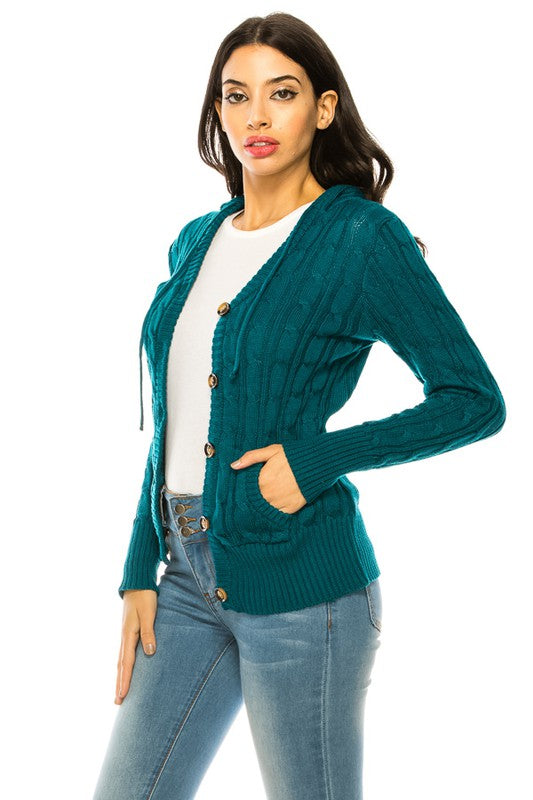 Shophouse Northwest teal cable plus size knit cardigan sweater with button front pockets and hood