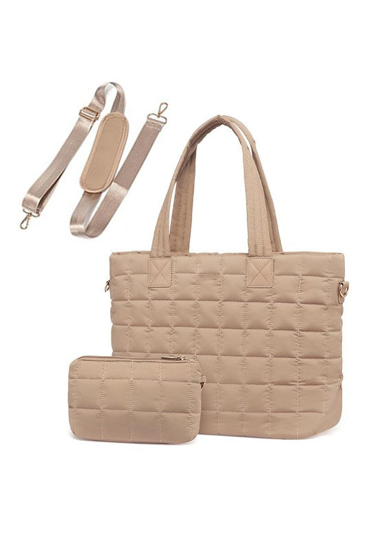 Shophouse Northwest beige quilted travel tote bag with matching pouch and detachable adjustable strap