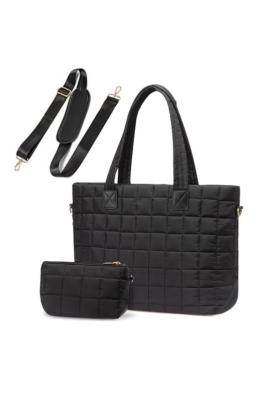 Shophouse Northwest black quilted travel tote bag with removable shoulder strap and matching zip pouch