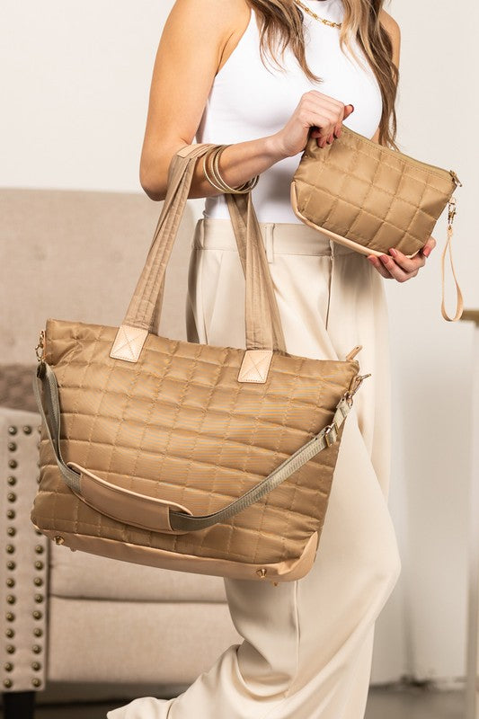 Shophouse Northwest quilted travel tote bag in tan with matching quilted pouch shoulder strap and top handles