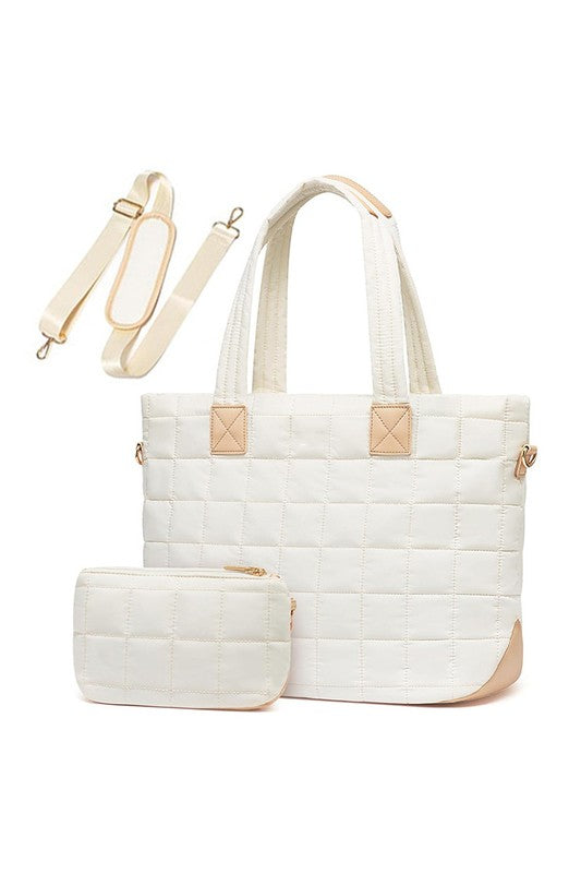 Shophouse Northwest quilted travel tote bag in cream with detachable strap and matching quilted pouch
