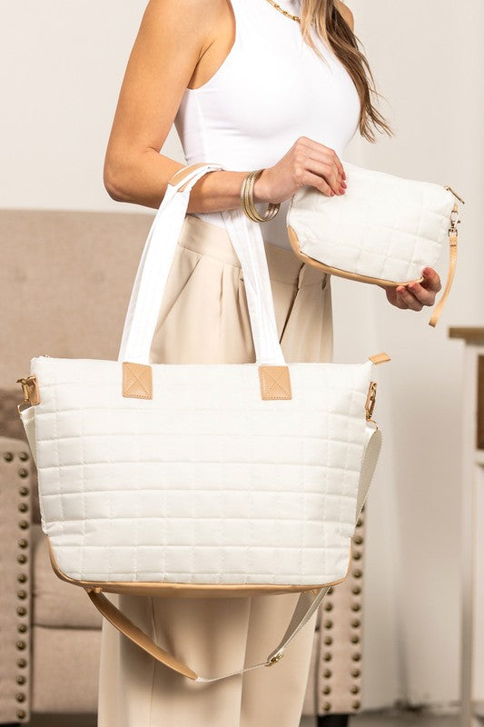 Shophouse Northwest white quilted travel tote bag with matching zip pouch beige trim and adjustable shoulder strap