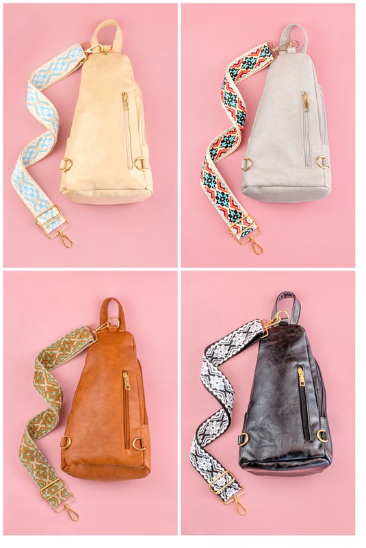 Shophouse Northwest everyday sling bag for women in beige gray tan and black with patterned straps and gold hardware