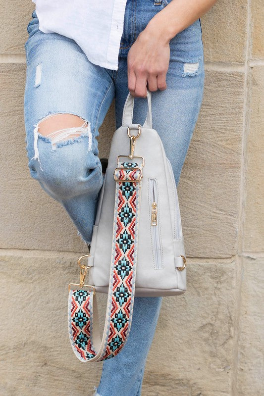 Shophouse Northwest light gray sling bag with detachable embroidered strap and gold hardware everyday sling bag for women