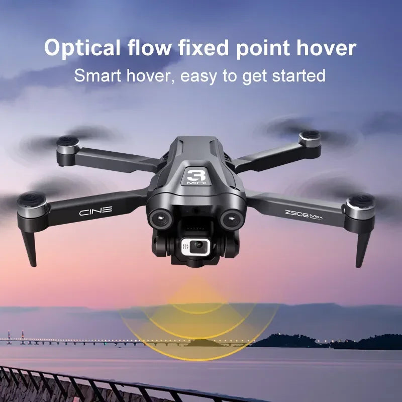 Shophouse Northwest Z908 Pro Max GPS drone 8K Dual Camera quadcopter hovering over sunset water with dual front cameras