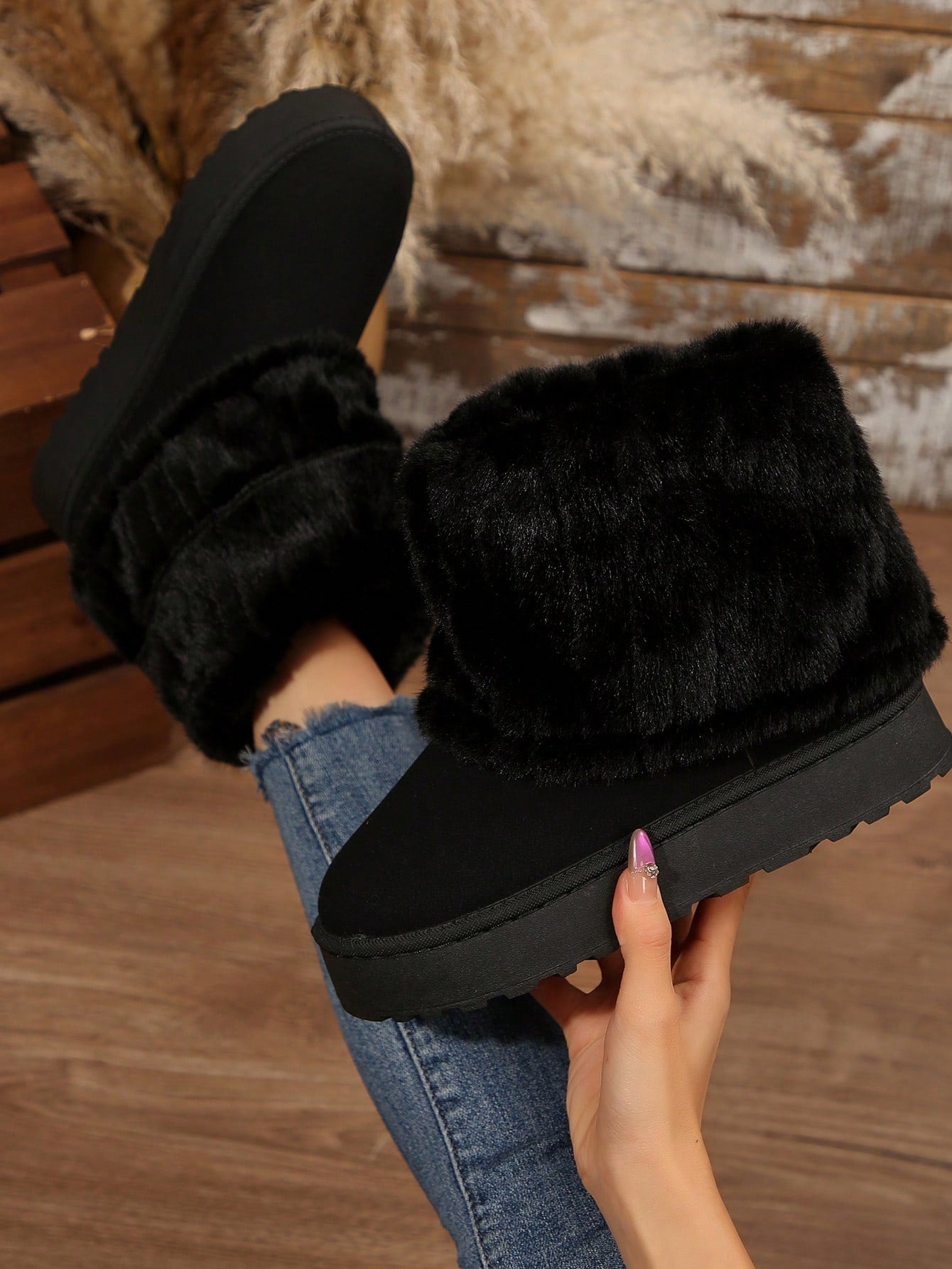 Black Jumpstudios-BTG winter warm boots for women with plush fur lining for cozy comfort