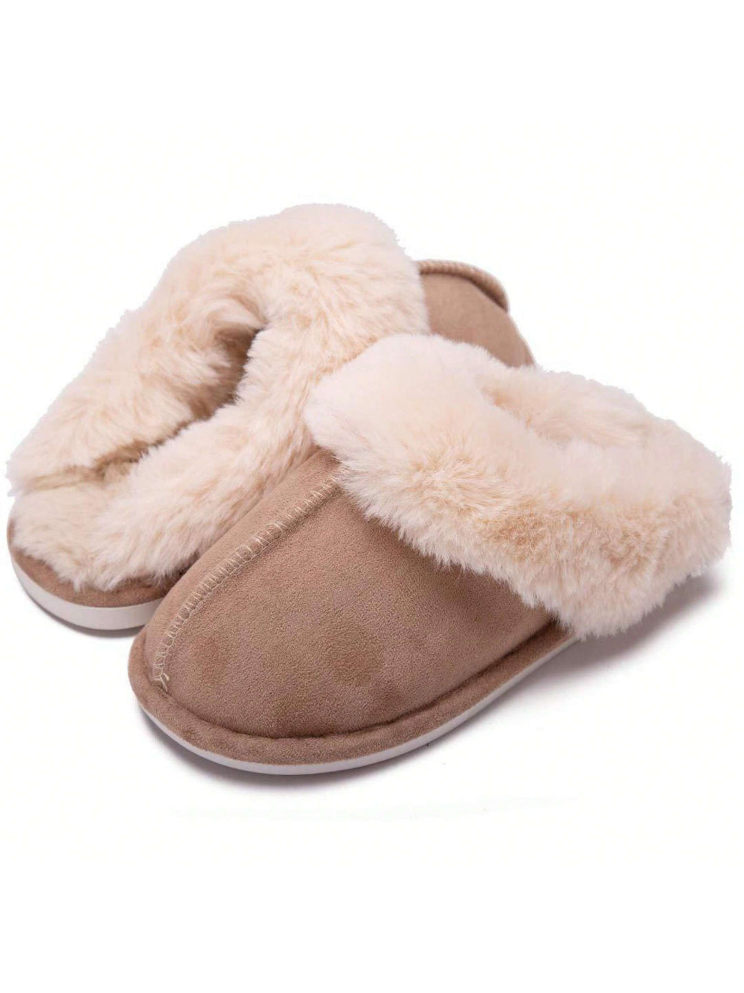Pair of beige slippers with fluffy fur trim on a white background