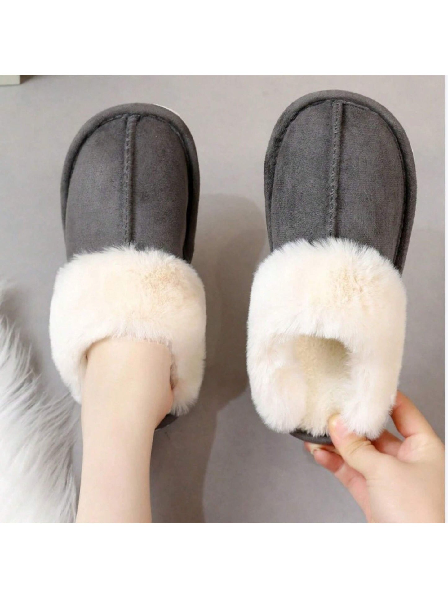 Jumpstudios-BTG womens fluffy soft house slippers in gray with cozy fur lining