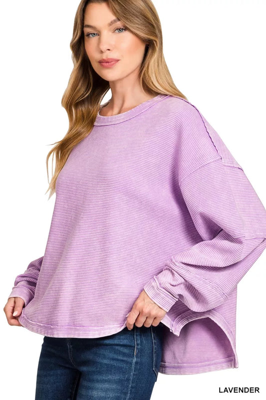 Zenana acid washed sweatshirt in lavender with a relaxed fit and long sleeves for casual comfort