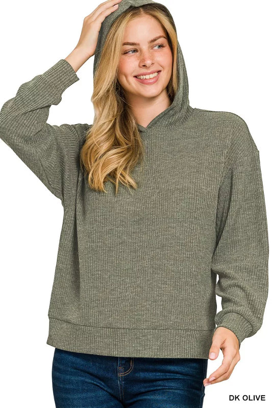 Zenana ribbed Long Sleeve hoodie in dark olive, perfect for casual layering and comfort