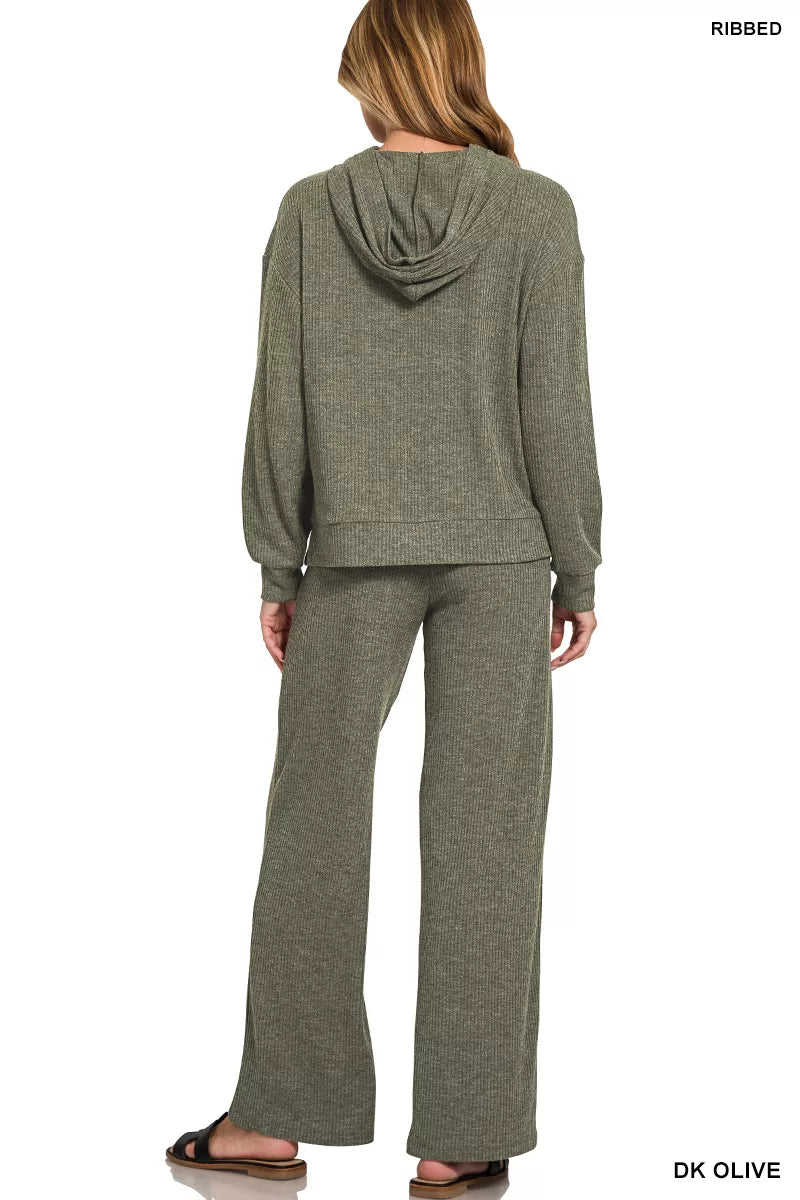 Zenana ribbed lounge pants for women in dark olive with a comfortable fit and relaxed style