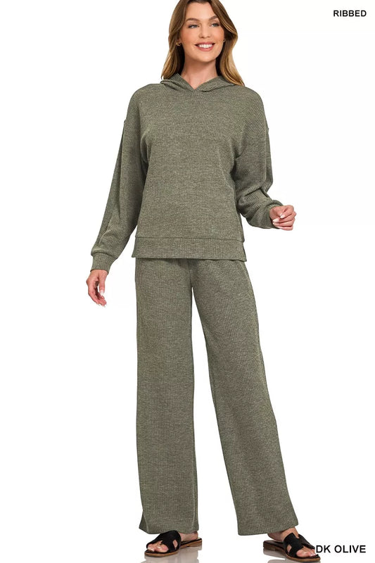 Zenana ribbed lounge pants for women in dark olive, perfect for comfortable casual wear at home or out.