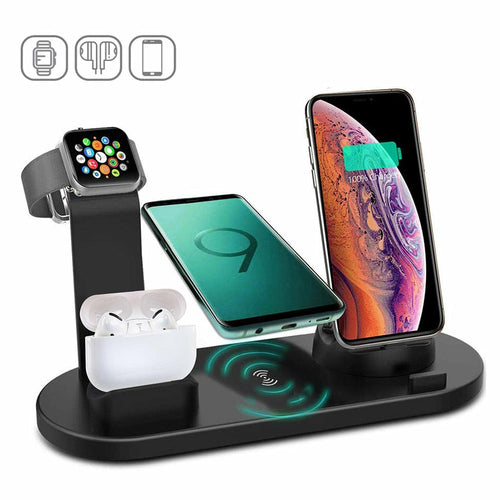 100w wireless charging station for smartphones, smartwatches, and earbuds in sleek black design