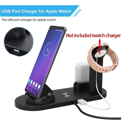 100w wireless charging station with ports for phone, Apple Watch, and AirPods on a sleek dock