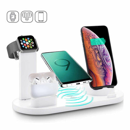 100W wireless charging station for smartphones, smartwatches, and earbuds on a sleek white base