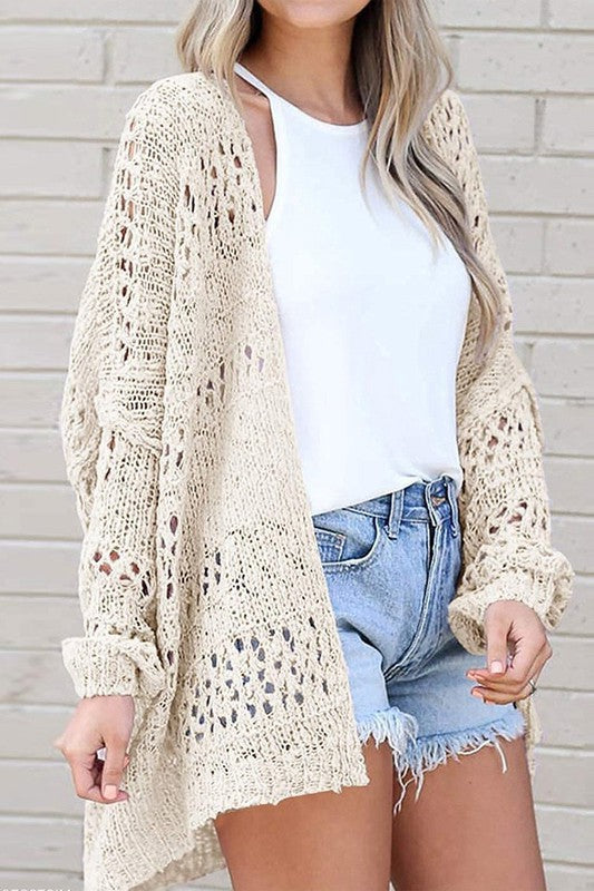 Shophouse Northwest beige crochet dolman sleeve cardigan open front over white tank and denim shorts