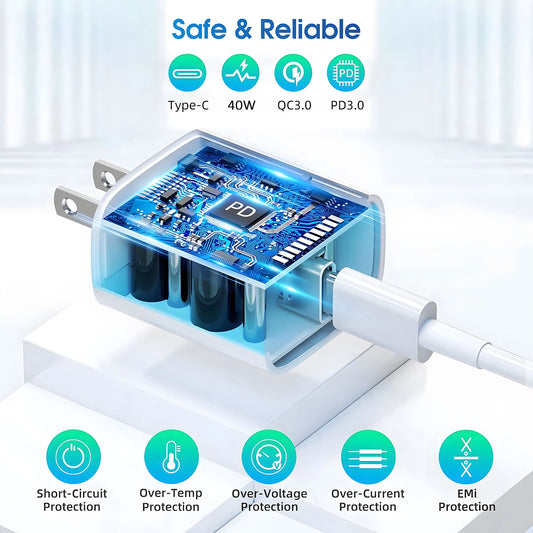 40W USB C fast charger for iPhone with features like short-circuit protection and over-voltage protection