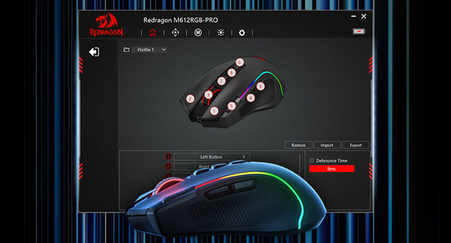 Shophouse Northwest 8000 DPI optical gaming mouse with RGB lighting and programmable buttons shown with customization software