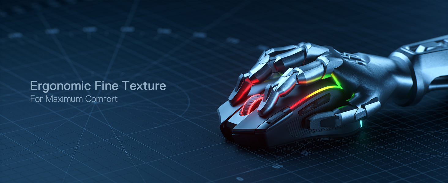 Shophouse Northwest 8000 DPI optical gaming mouse with ergonomic fine texture and RGB lighting shown under robotic hand